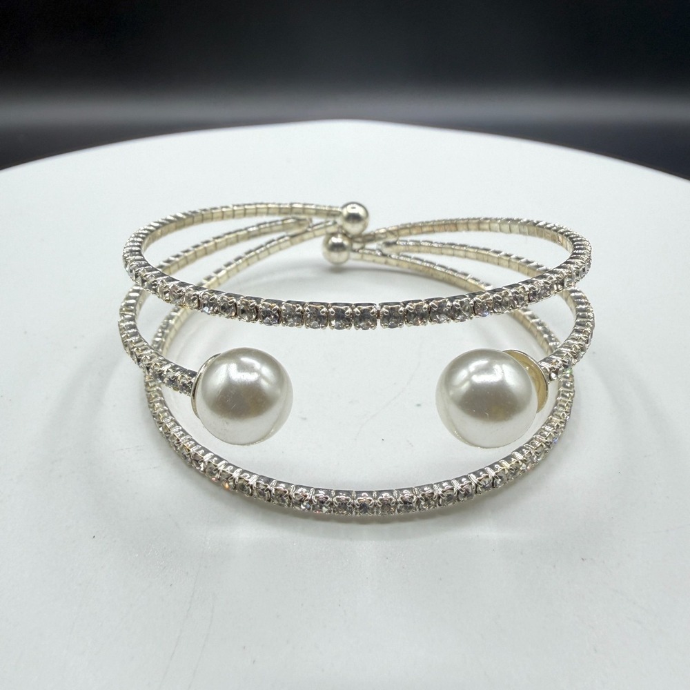 Clear Rhinestone Faux Pearl Silver Tone Triple Row Cuff Wrap Bracelet Bridal